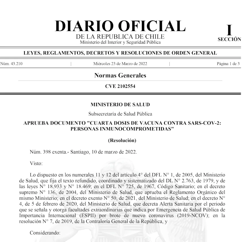 Aprueba documento "Cuarta dosis de vacuna contra Sars-Cov-2: Personas inmunocomprometidas"